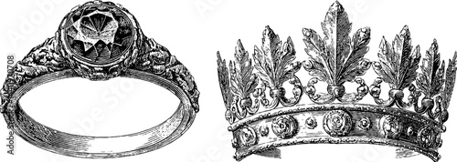 Vintage ornamental jewelry art design featuring engraved rings and crowns for decoration and inspiration