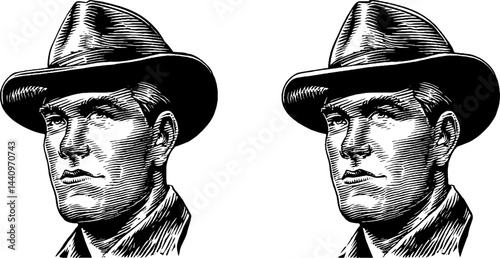 Engraved park ranger portrait illustration in black and white. Vintage etching of a male figure in uniform