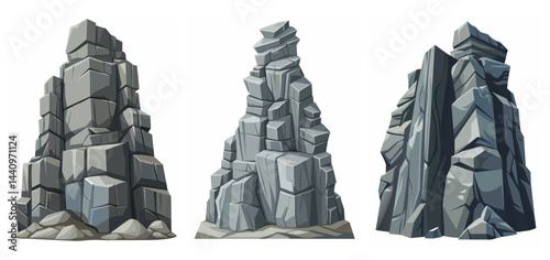 Mountain peak grey stone set. Big rock cartoon cliff. Cliff game objects. Boulder, stones, rocks, mountain peak relief. 2d rock asset. Mountain grey stones. Vector grey rock stone, isolated on white