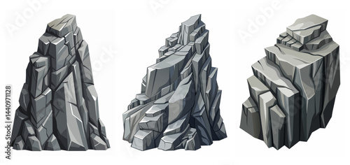 Mountain peak grey stone set. Big rock cartoon cliff. Cliff game objects. Boulder, stones, rocks, mountain peak relief. 2d rock asset. Mountain grey stones. Vector grey rock stone, isolated on white