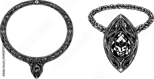 Intricate engraved neck chain and diamond jewelry design set for elegant fashion concepts