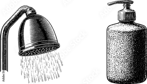 Vintage bathroom design with engraved shower head, loofah, and soap dispenser