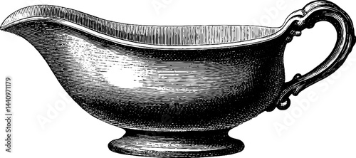 Vintage engraving of elegant sauceboat - perfect for culinary design and historical decor