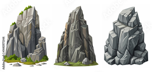 Mountain peak grey stone set. Big rock cartoon cliff. Cliff game objects. Boulder, stones, rocks, mountain peak relief. 2d rock asset. Mountain grey stones. Vector grey rock stone, isolated on white