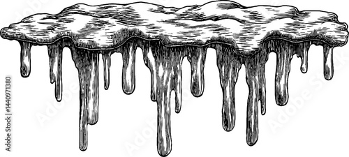 Engraved illustration of freezing rain with dripping icicles for artistic designs