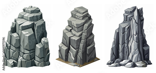 Mountain peak grey stone set. Big rock cartoon cliff. Cliff game objects. Boulder, stones, rocks, mountain peak relief. 2d rock asset. Mountain grey stones. Vector grey rock stone, isolated on white