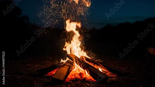 Campfire Sparks Brightly Against a Dark Night Sky  