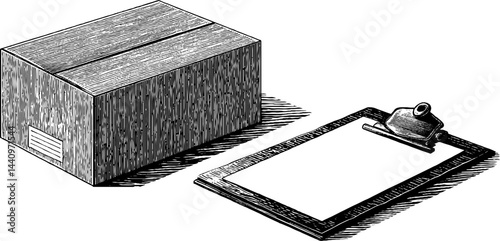 Engraved illustration of warehouse box and clipboard for logistics and shipping design