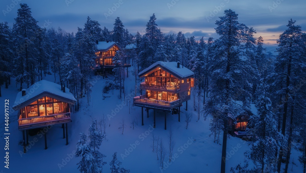 Fototapeta premium Cozy winter cabins nestled in snowy forest at twilight