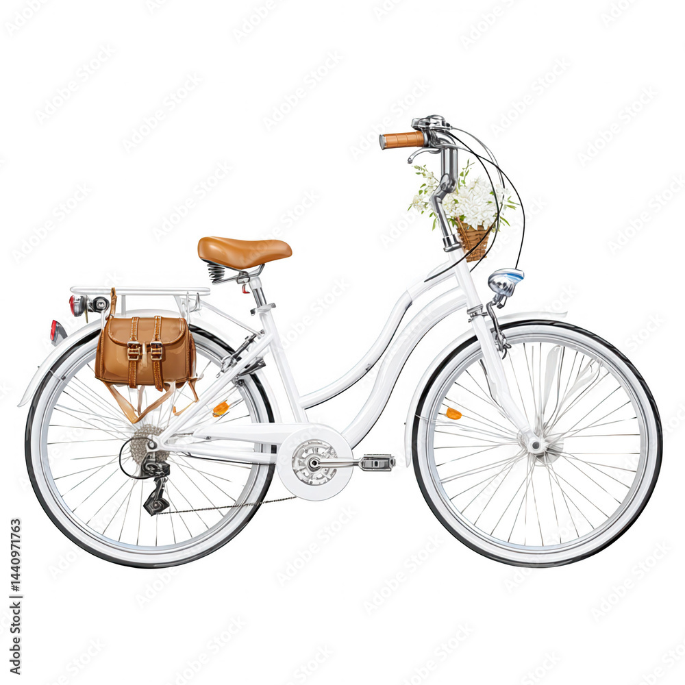 A stylish white bicycle with basket and brown leather accessories is shown.