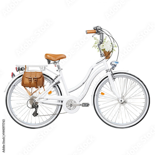 Obraz na płótnie A stylish white bicycle with basket and brown leather accessories is shown. w salonie