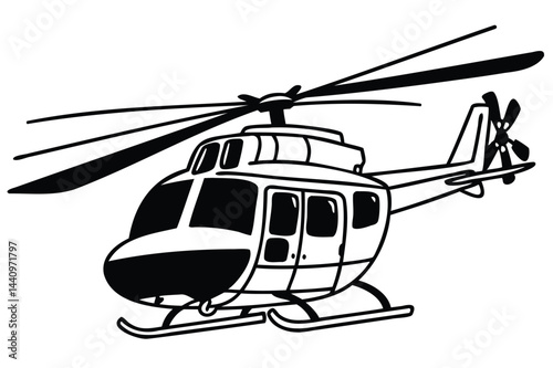 Helicopter illustration, sleek aviation design, monochrome vector art