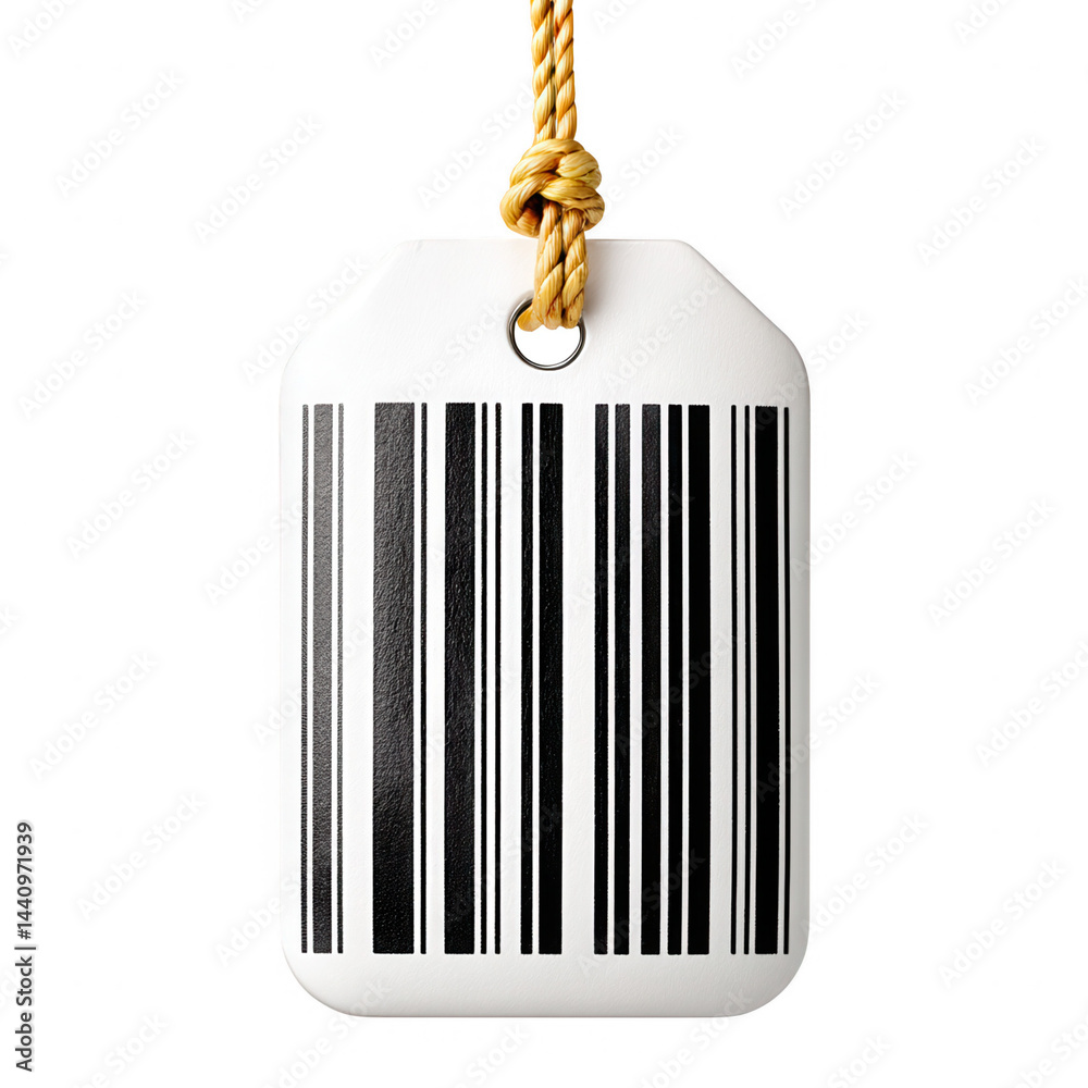 A white tag with a printed barcode is hanging from a rope, isolated shot.