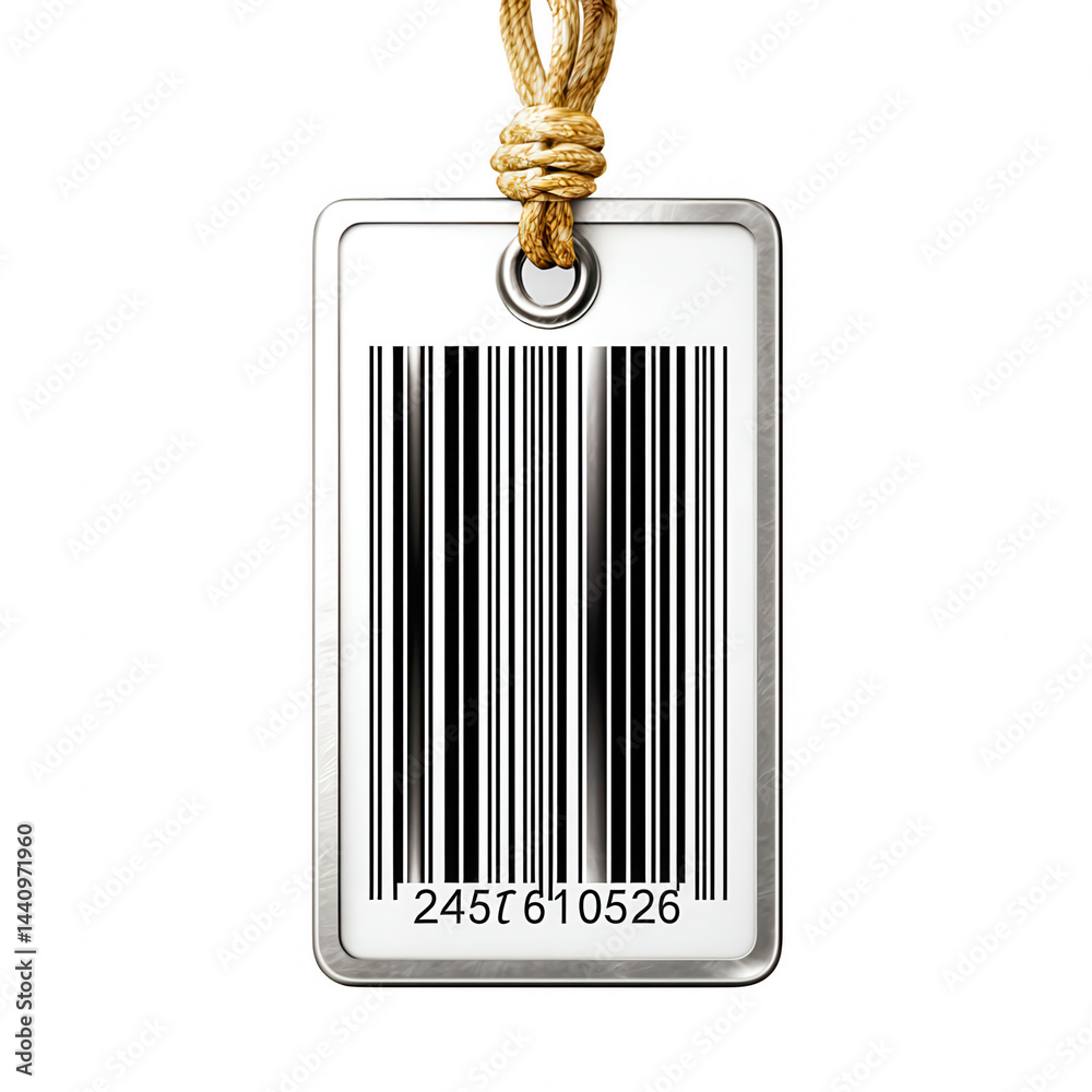 Metal tag with barcode hangs from knotted st on an isolated background