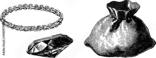 Intricate engraved jewelry set featuring gemstone bracelet and silk bag design