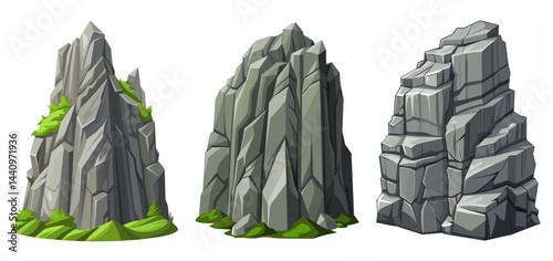 Mountain peak grey stone set. Big rock cartoon cliff. Cliff game objects. Boulder, stones, rocks, mountain peak relief. 2d rock asset. Mountain grey stones. Vector grey rock stone, isolated on white