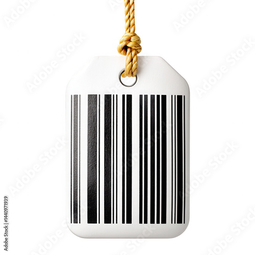 Obraz na płótnie A white tag with a printed barcode is hanging from a rope, isolated shot. w salonie