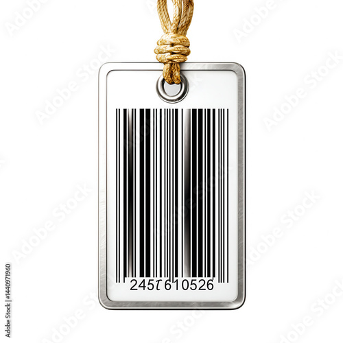 Obraz na płótnie Metal tag with barcode hangs from knotted st on an isolated background w salonie