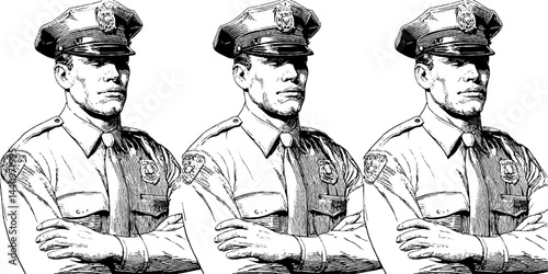 Engraved illustrations of corrections officers in uniform for security themes