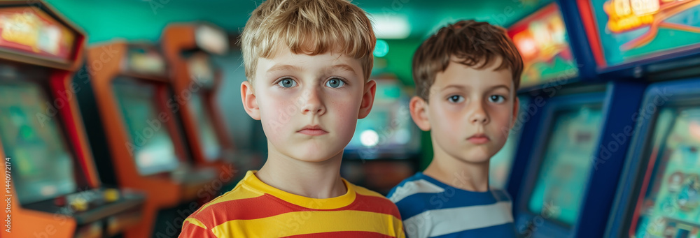 Kids playing classic arcade games, eye-level, retro bright colors.