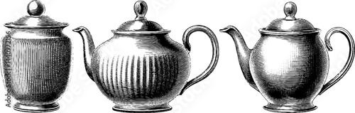 Vintage engraved illustration of silver teapot set for kitchen decor and design