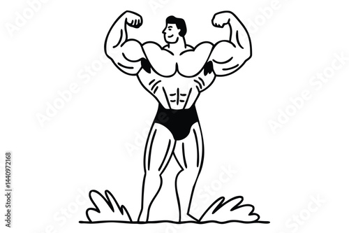 Line art of a muscular bodybuilder flexing his biceps, showcasing strength and athleticism