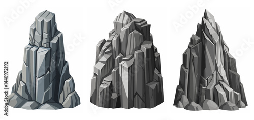 Mountain peak grey stone set. Big rock cartoon cliff. Cliff game objects. Boulder, stones, rocks, mountain peak relief. 2d rock asset. Mountain grey stones. Vector grey rock stone, isolated on white