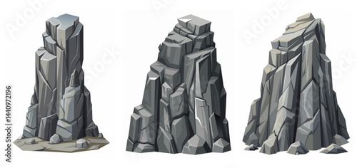 Mountain peak grey stone set. Big rock cartoon cliff. Cliff game objects. Boulder, stones, rocks, mountain peak relief. 2d rock asset. Mountain grey stones. Vector grey rock stone, isolated on white