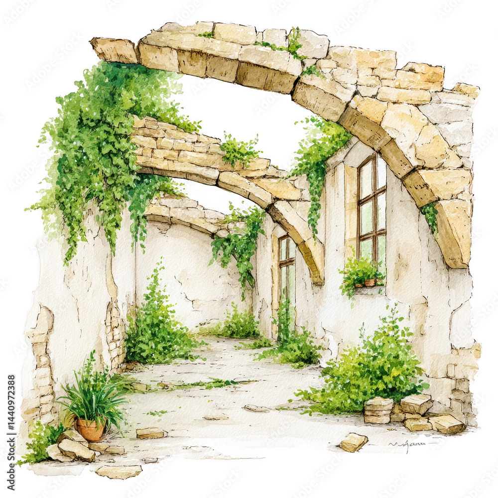 A watercolor painting shows a ruined stone building with plants growing inside.