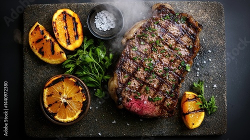 Sizzling steak platter featuring perfectly grilled medium-rare beef on volcanic stone with charred orange slices and gourmet salt garnish