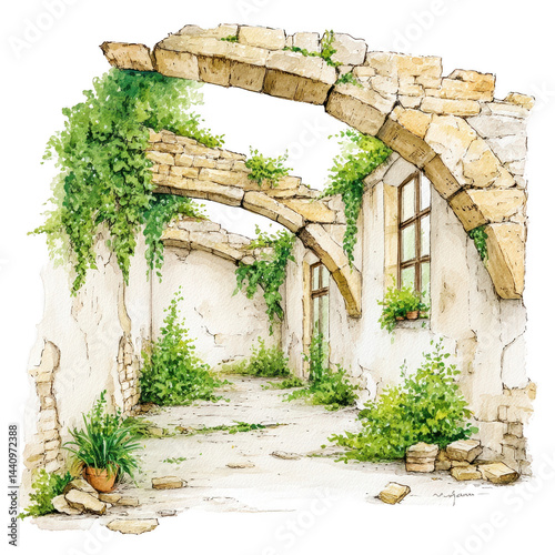 Obraz na płótnie A watercolor painting shows a ruined stone building with plants growing inside. w salonie