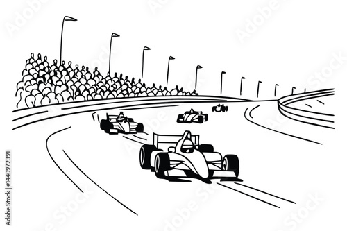 Dynamic race cars speeding on a track, high-speed competition with sleek line art design, adrenaline-filled motorsport action, fast vehicles in motion