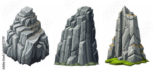 Mountain peak grey stone set. Big rock cartoon cliff. Cliff game objects. Boulder, stones, rocks, mountain peak relief. 2d rock asset. Mountain grey stones. Vector grey rock stone, isolated on white
