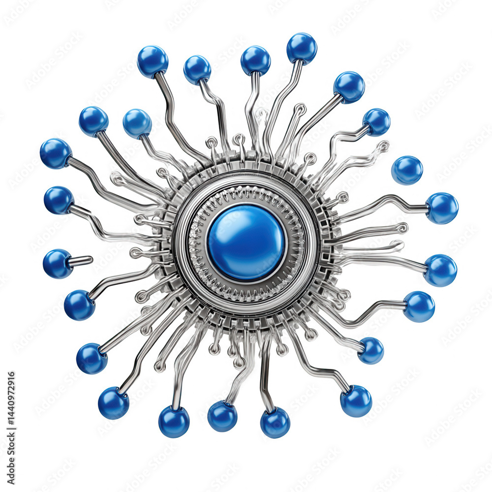 Conceptualized nanotechnology circuit structure with a blue core on white.