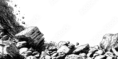 Engraved illustration of debris flow with dynamic motion over rocks. Black and white landscape art