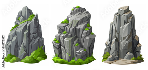 Mountain peak grey stone set. Big rock cartoon cliff. Cliff game objects. Boulder, stones, rocks, mountain peak relief. 2d rock asset. Mountain grey stones. Vector grey rock stone, isolated on white