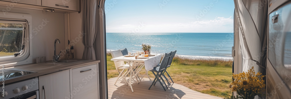 A luxurious caravan on a coastal campsite, patio doors open to reveal a sun-drenched deck