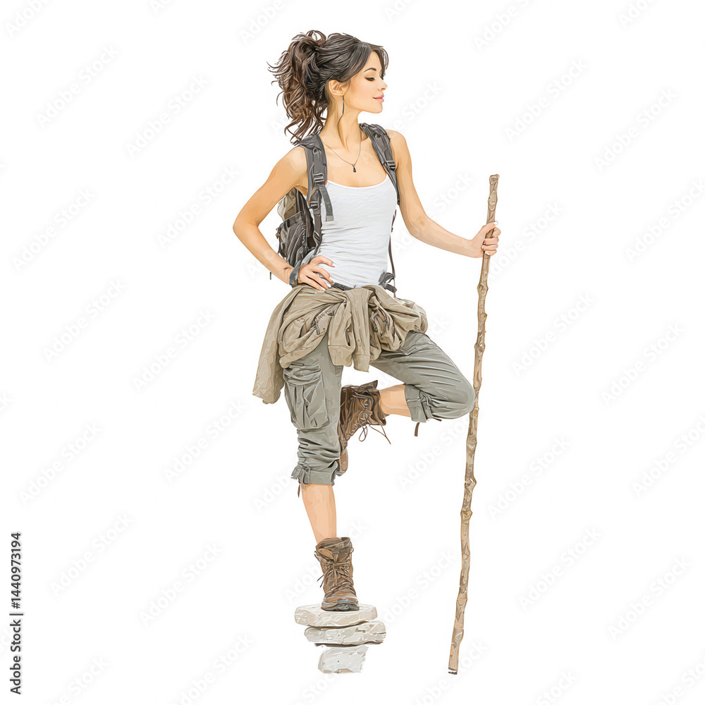 Young adventurous woman stands atop rocks with walking stick on white background.