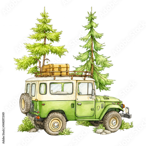 An offroad vehicle with luggage on top stands between lush fir trees.