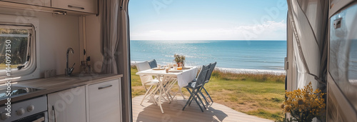 Obraz na płótnie A luxurious caravan on a coastal campsite, patio doors open to reveal a sun-drenched deck w salonie