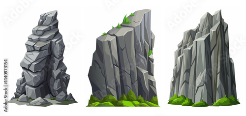 Mountain peak grey stone set. Big rock cartoon cliff. Cliff game objects. Boulder, stones, rocks, mountain peak relief. 2d rock asset. Mountain grey stones. Vector grey rock stone, isolated on white