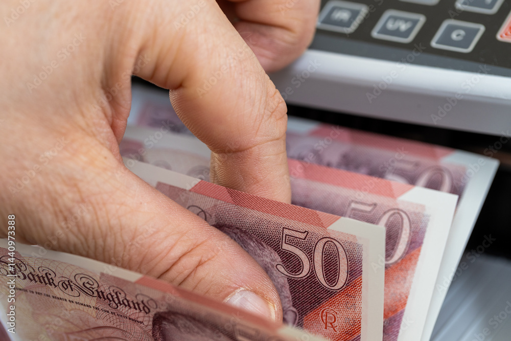 British pounds in a money counting machine. Financial and business concept. 50-pound notes, banking, economics, investing in the UK. closeup