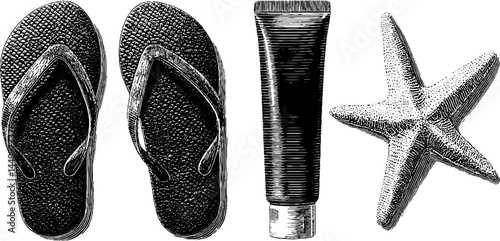 Engraved illustrations of starfish, flip flops, and sunscreen for summer beach theme