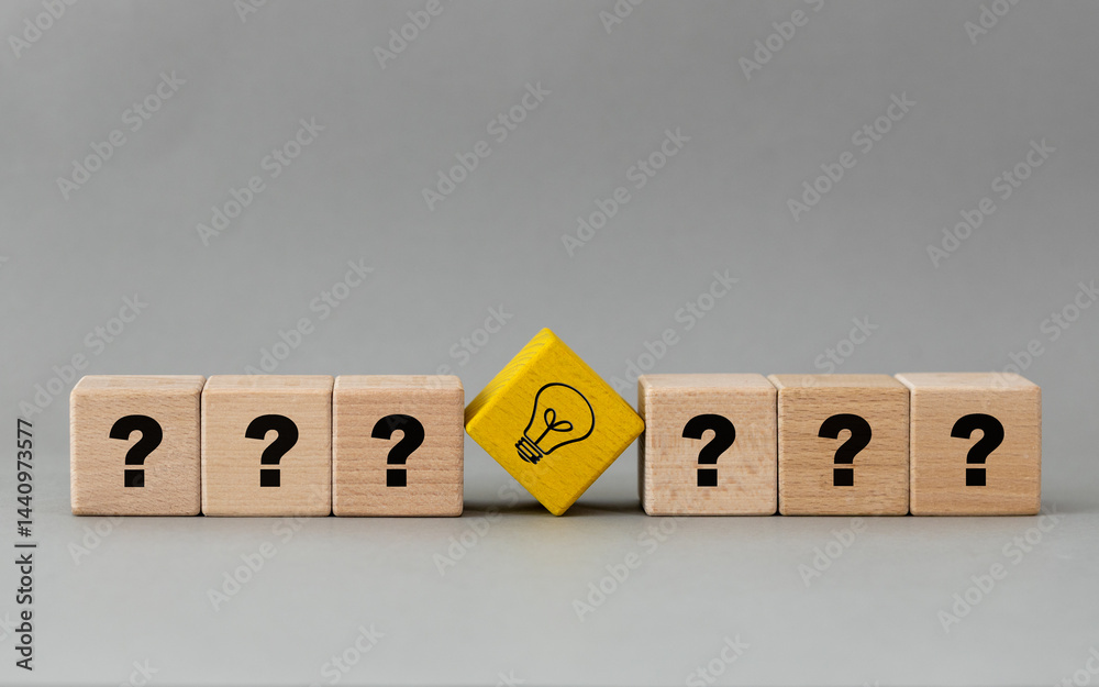 Glowing light bulb amidst question mark. Symbol, focus and concentration, problem solving. creative thinking. mental clarity concept. copy space
