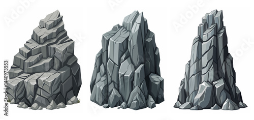 Mountain peak grey stone set. Big rock cartoon cliff. Cliff game objects. Boulder, stones, rocks, mountain peak relief. 2d rock asset. Mountain grey stones. Vector grey rock stone, isolated on white