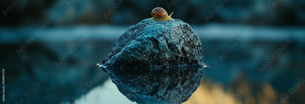 A snail slowly making its way across a reflective surface