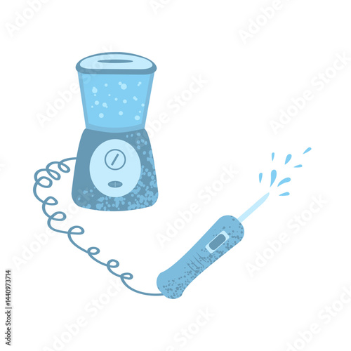 Vector illustration of a dental water flosser (oral irrigator). Clean flat design showing a modern irrigator device with water spray. Isolated on white background. Ideal for dental care, oral hygiene,