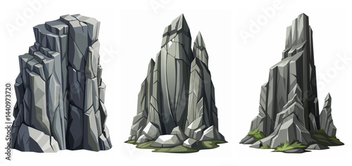 Mountain peak grey stone set. Big rock cartoon cliff. Cliff game objects. Boulder, stones, rocks, mountain peak relief. 2d rock asset. Mountain grey stones. Vector grey rock stone, isolated on white