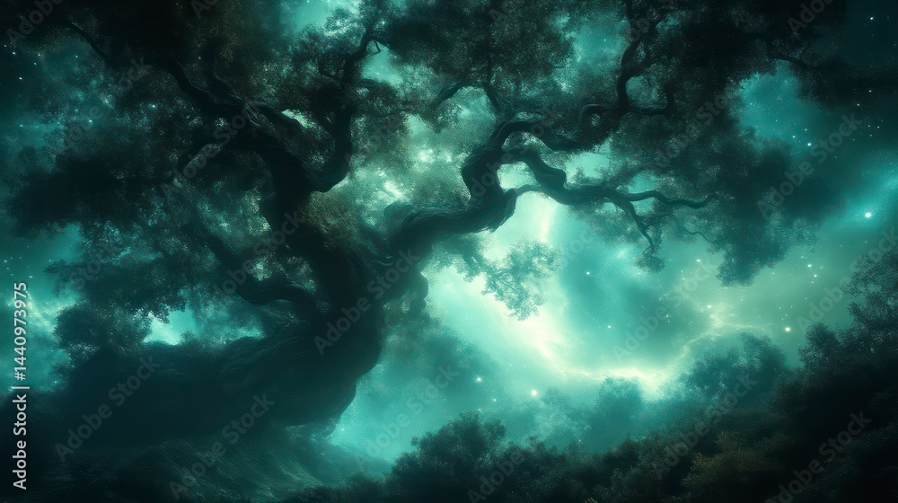 Obraz premium Enchanted Forest Tree with Celestial Glow Mystical Nature Scene Fantasy Landscape Night Sky