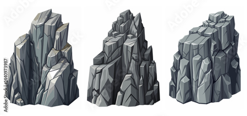 Mountain peak grey stone set. Big rock cartoon cliff. Cliff game objects. Boulder, stones, rocks, mountain peak relief. 2d rock asset. Mountain grey stones. Vector grey rock stone, isolated on white